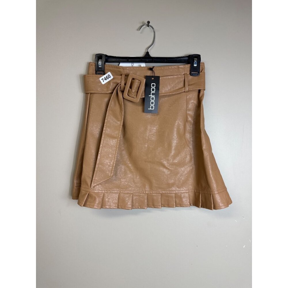 boohoo nwt size 6 camel color faux leather mini skirt removable belt pleated ruf